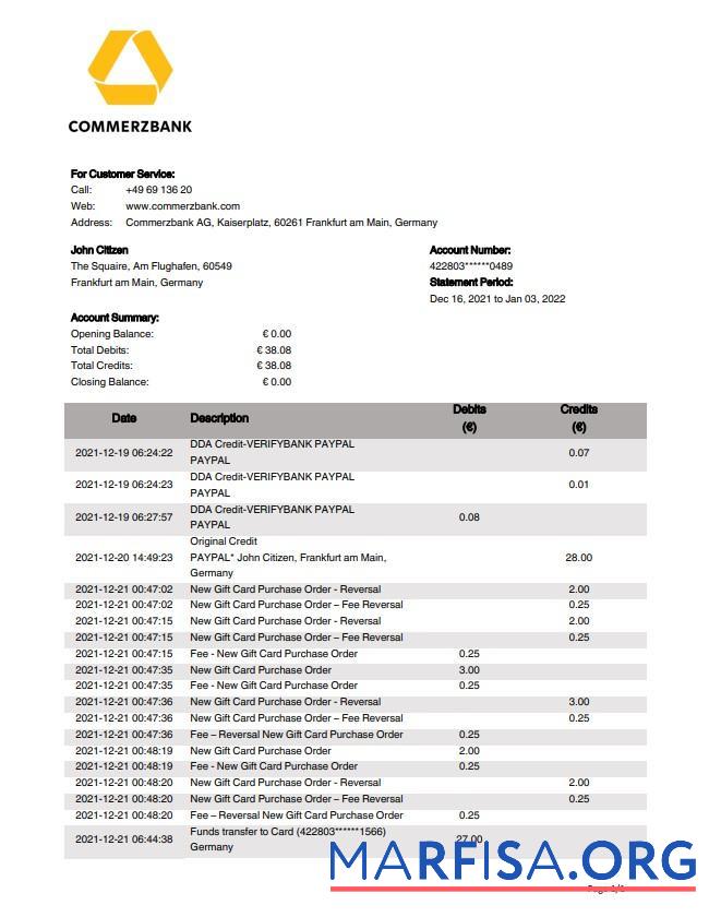 Downloadable Germany Commerzbank statement real example